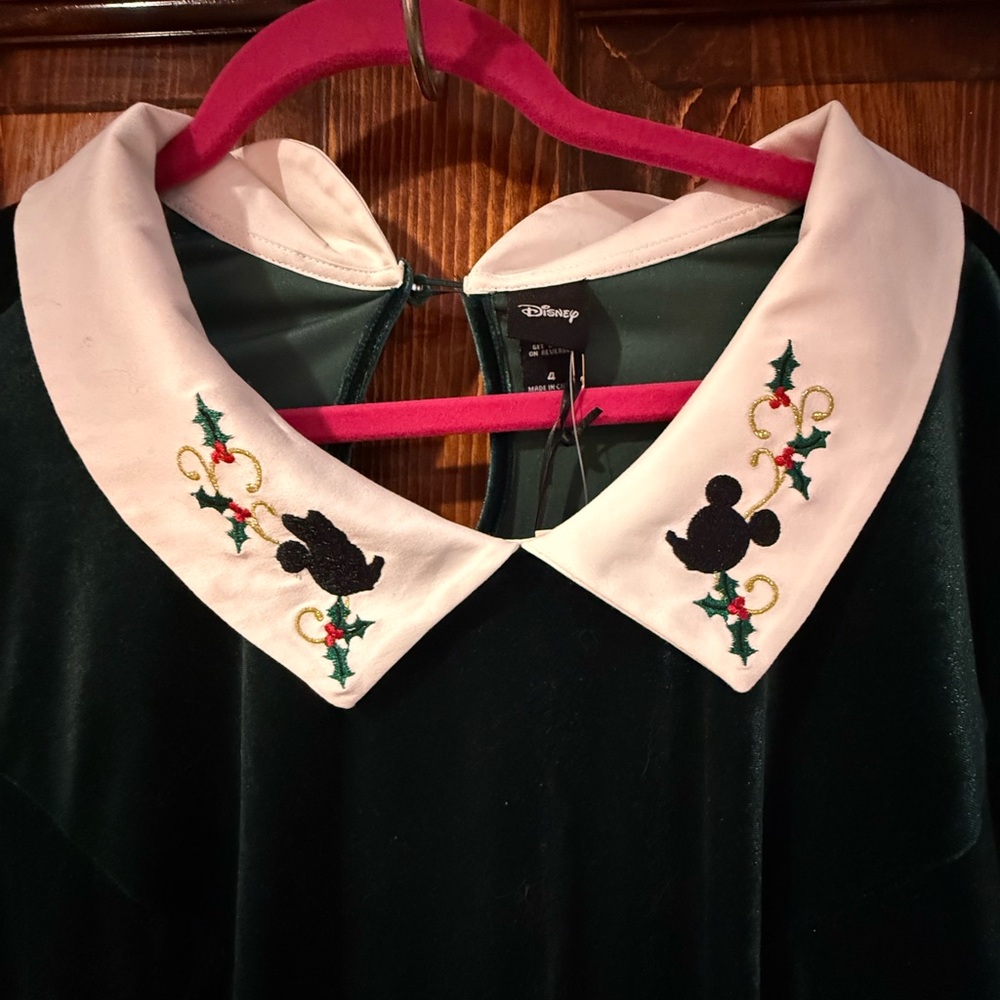 Disney holiday festive Green Velvet women’s Dress with Embroidered Collar - Picture 2 of 6